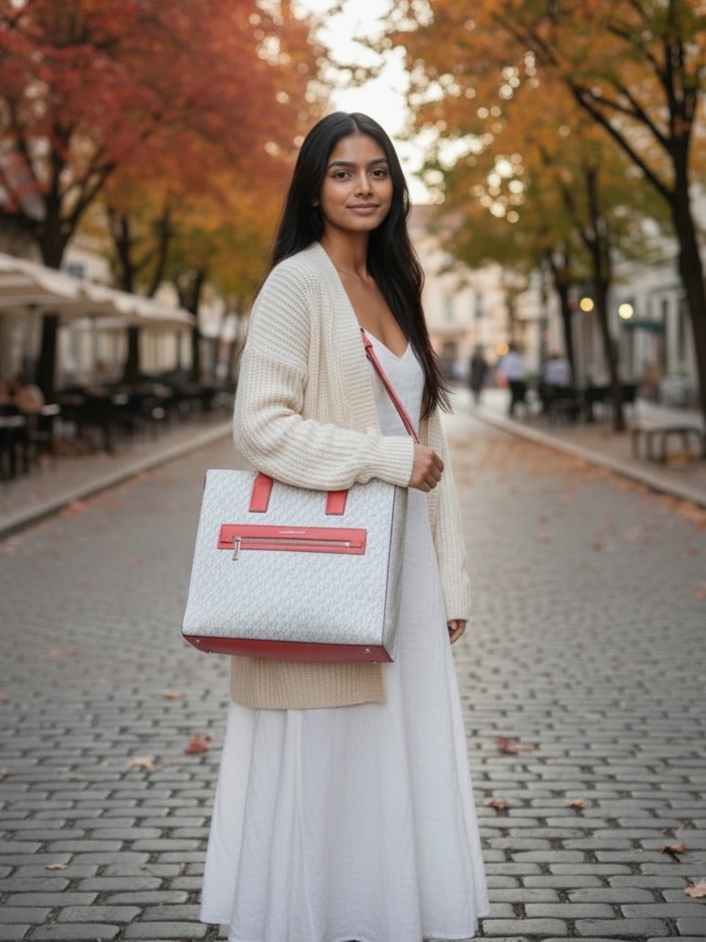 MICHAEL KORS Kenly Large Signature Logo Tape Tote Bag : Grapefruit and white